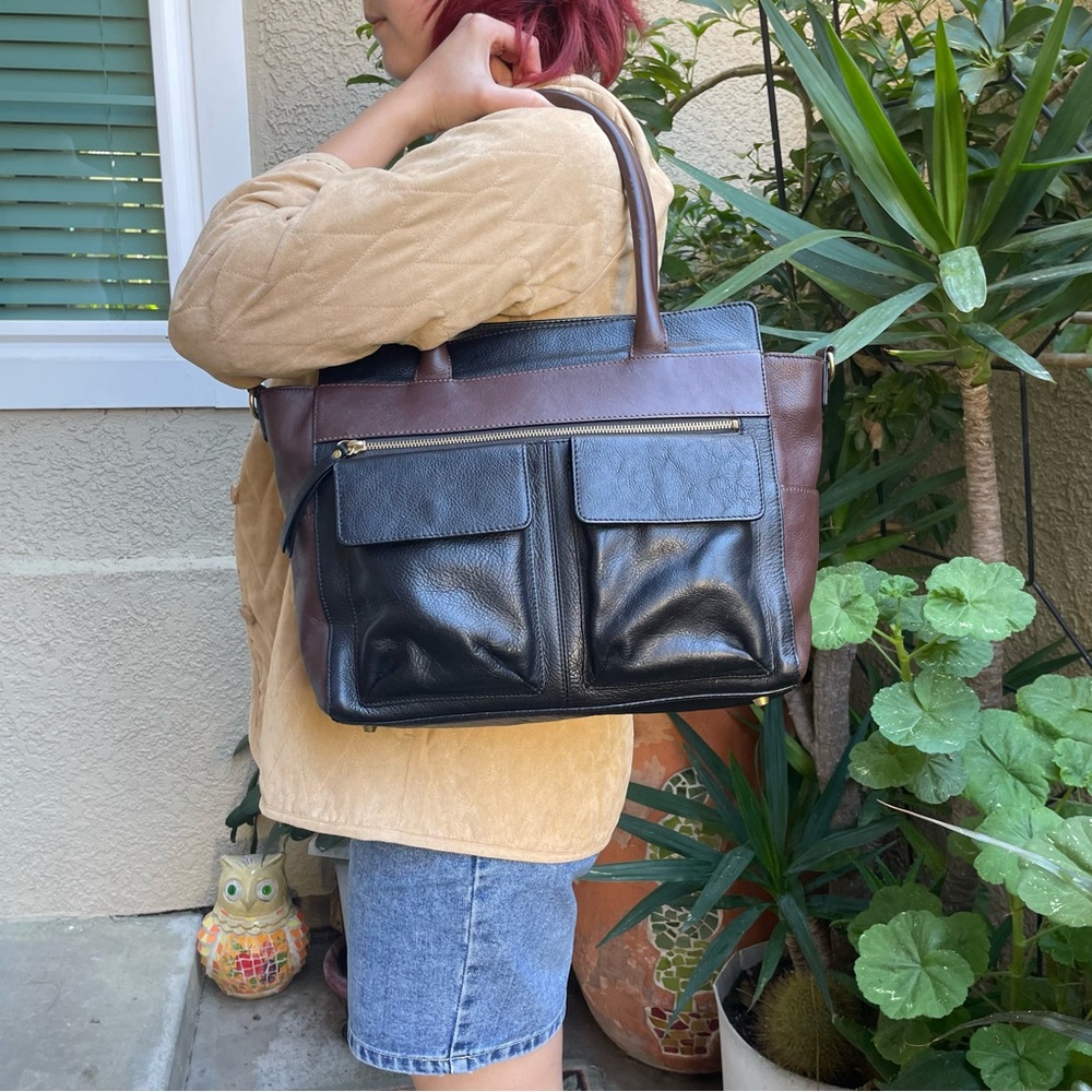 Vintage black/dark brown Halogen leather large bag